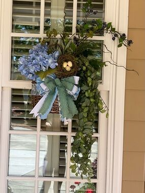 Blue Hydrangea and Greenery Spring Wreath with Nest Accent